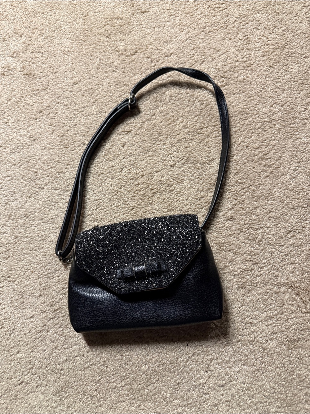 Black Glitter Flap Shoulder Bag with Bow Accent
